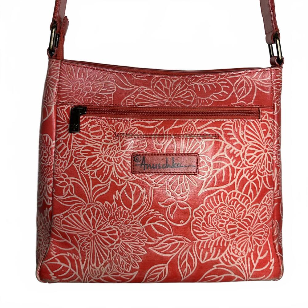 Anuschka Tooled Leather Crossbody Bag W/ Adjustable Strap-Butterfly Coral - Picture 2 of 9